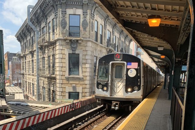 A J train pulls up at the Myrtle Broadway station in Bushwick, Brooklyn.